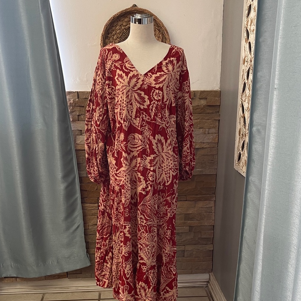 Violeta Red Floral Long bishop Sleeve tiered flowy Dress
